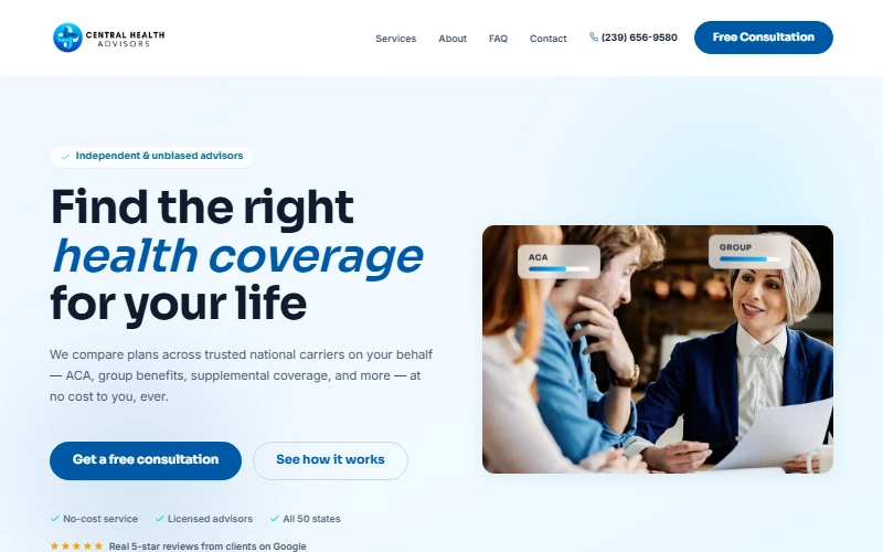 Central Health Advisors website, with its health coverage introduction and advisor imagery