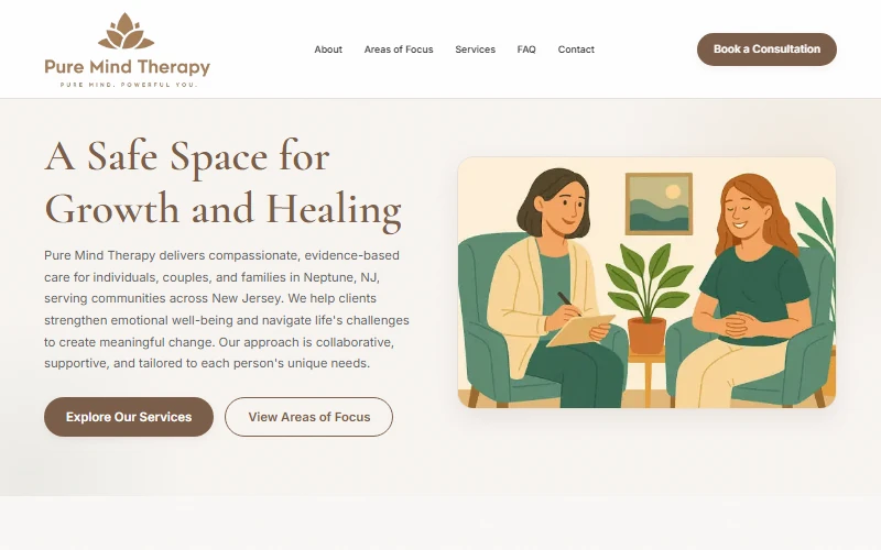Pure Mind Therapy website with a warm, illustrated introduction to the practice